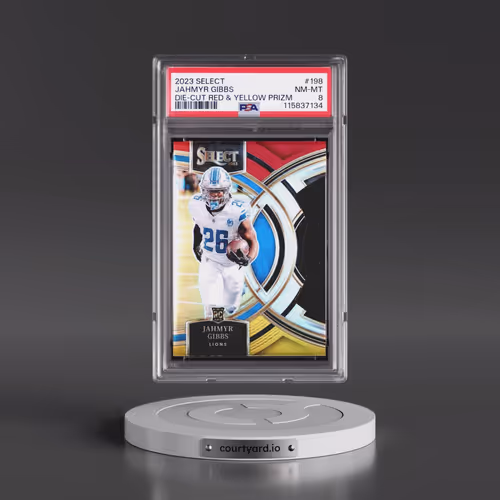 2023 Panini Select #198 Jahmyr Gibbs - Die-Cut Red & Yellow Prizm (PSA 8 NM-MT)