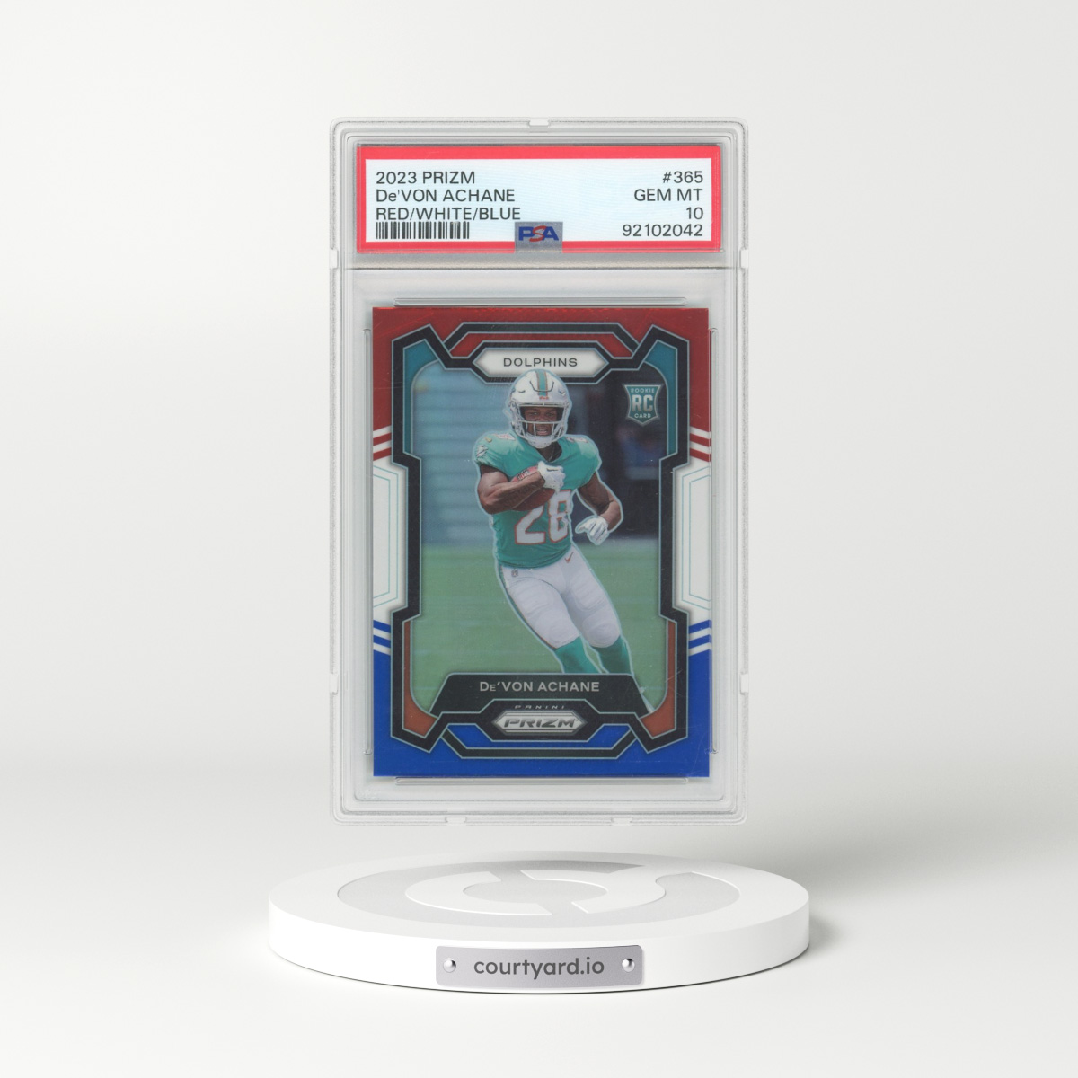 2023 Panini Prizm #365 DE'Von Achane - Red/White/Blue Prizm (PSA 10 GEM MINT)